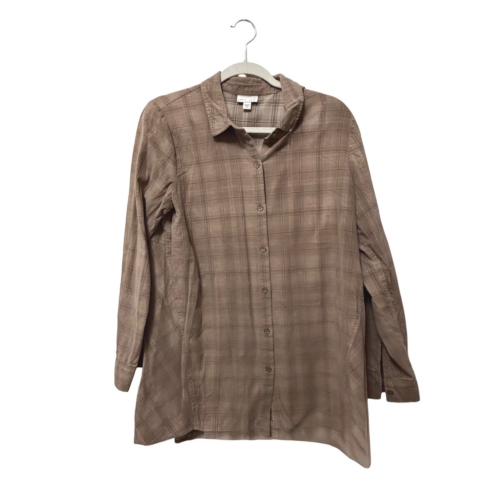 J. Jill Womens Brown Plaid Corduroy Button Down Tunic Shirt Size M Long Sleeve